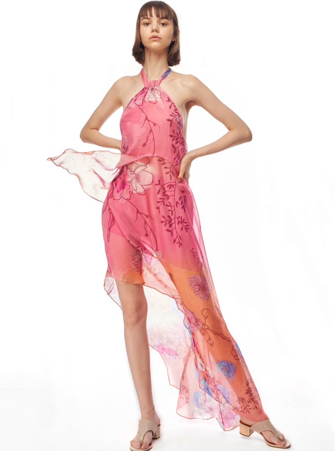 Lotus Silk Chiffon Dress Short Lining