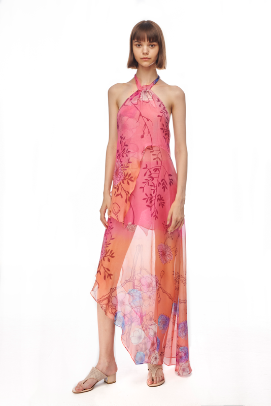 Lotus Silk Chiffon Dress Short Lining