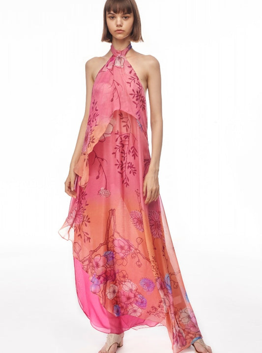 Lotus Silk Chiffon Dress Long Lining